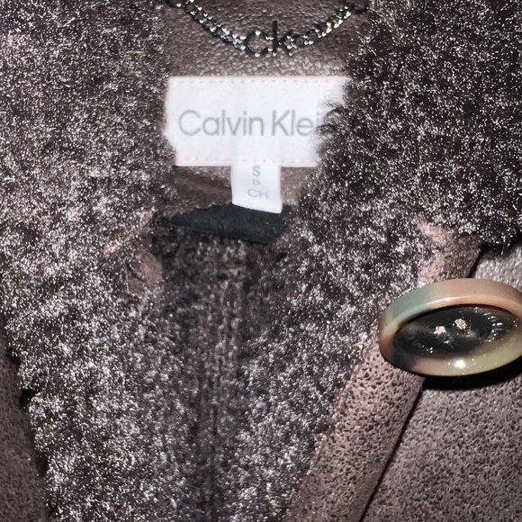 Calvin Klein brown faux leather shearling trimmed hooded coat - Picture 6 of 13